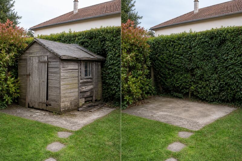 Avant après démolition d'un abri de jardin en bois près d'une haie