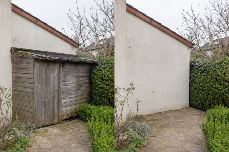 Avant après démolition d'un appentis en bois contre la maison