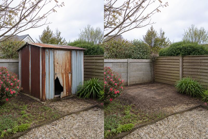Avant après démolition d'un abri de jardin en tôle rouillée