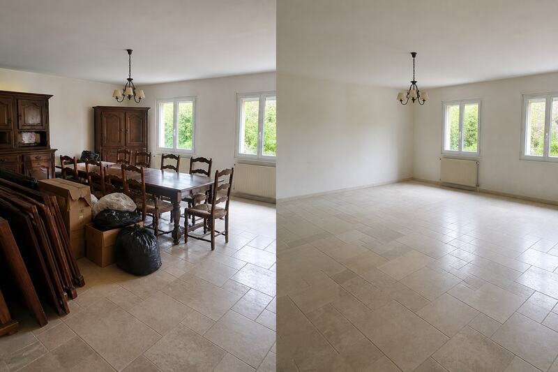 Avant après débarras d'une salle à manger avec meubles et cartons