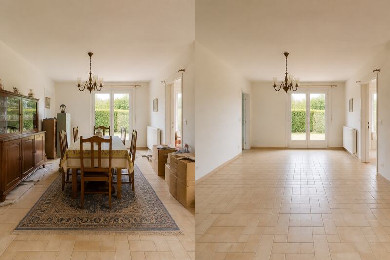 Avant après débarras d'une salle à manger avec tapis et cartons