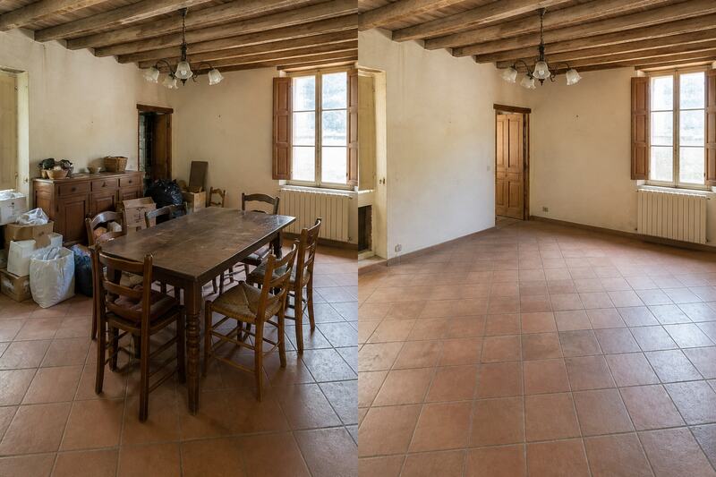 Avant après débarras d'une pièce rustique avec table et chaises